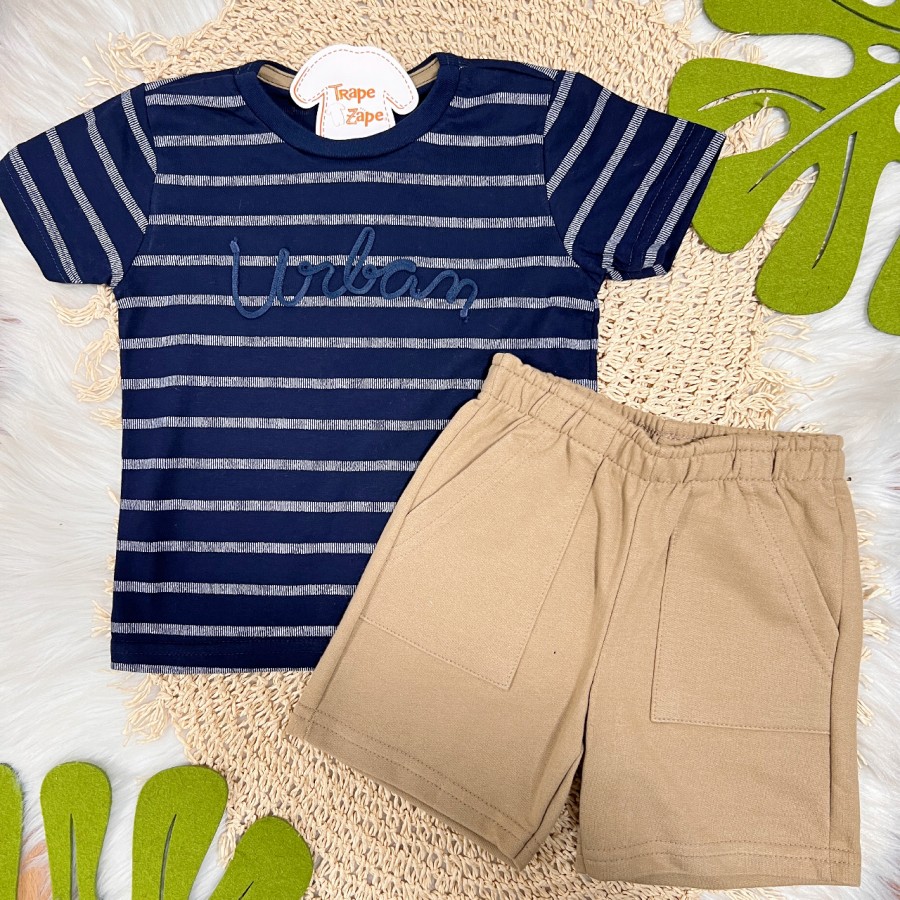 Conj. Camiseta Urban Listrada e Bermuda - Marinho e Marrom